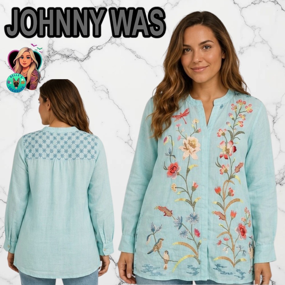 Johnny Was Women's XS Aqua Blue Embroidered Ramie Tunic Oversized Birds Firefly